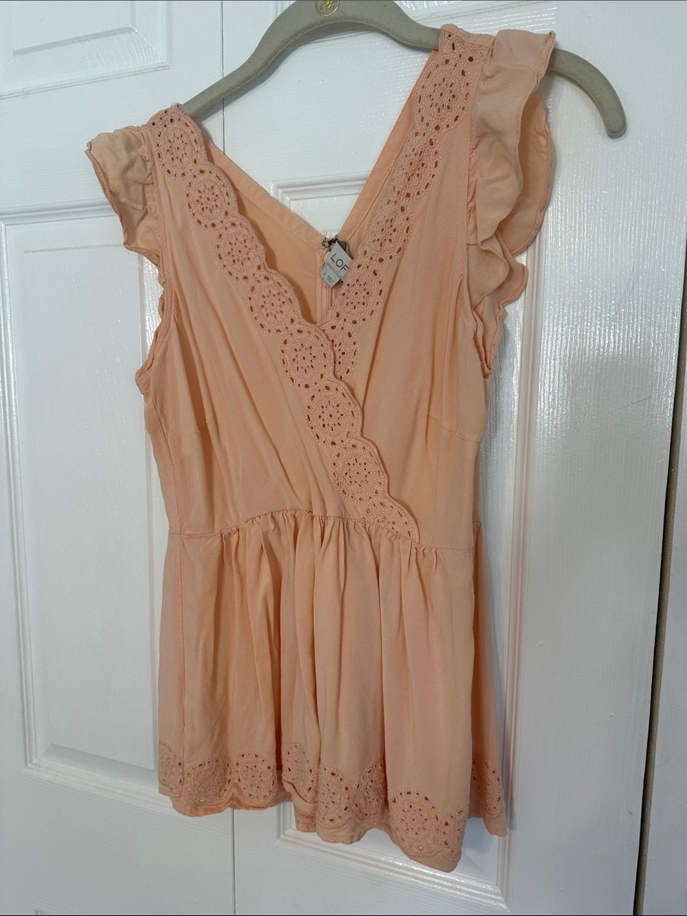 Peach Eyelet Trim Ruffled Top